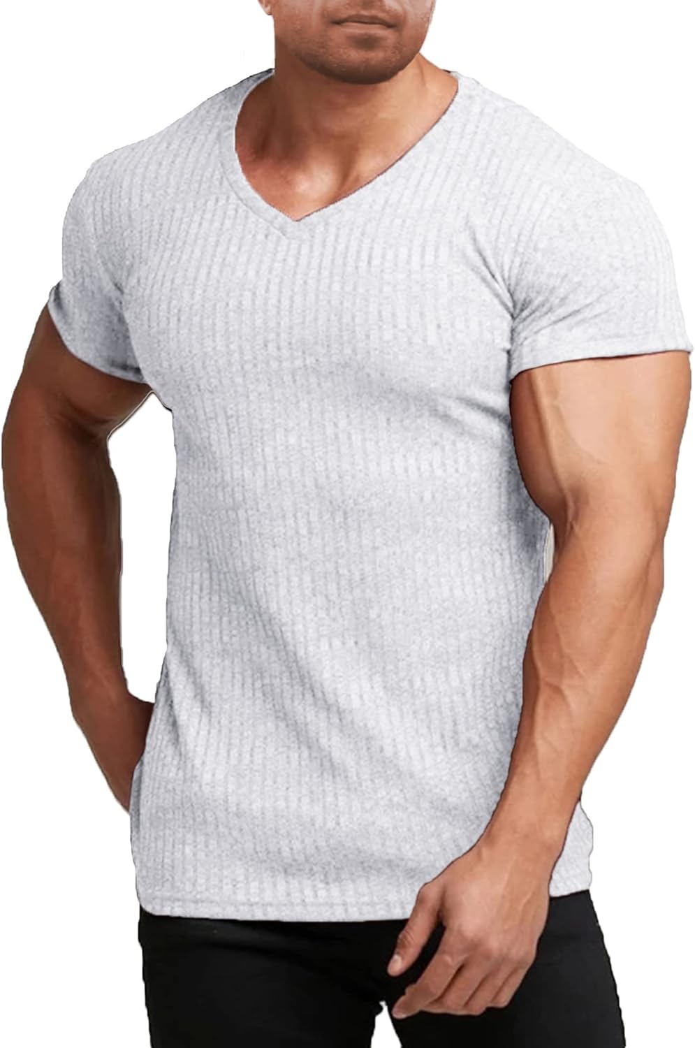 Men'S Muscle T Shirts Stretch Short Sleeve V Neck Bodybuilding Workout Tee Shirts Ribbed Knit Shirt