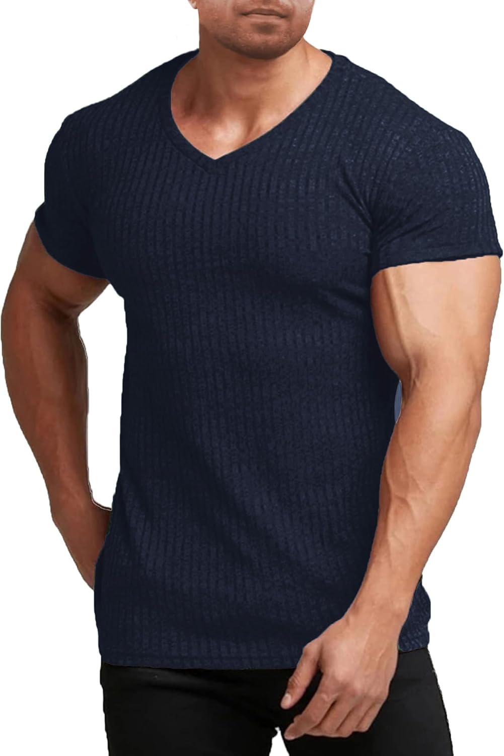 Men'S Muscle T Shirts Stretch Short Sleeve V Neck Bodybuilding Workout Tee Shirts Ribbed Knit Shirt