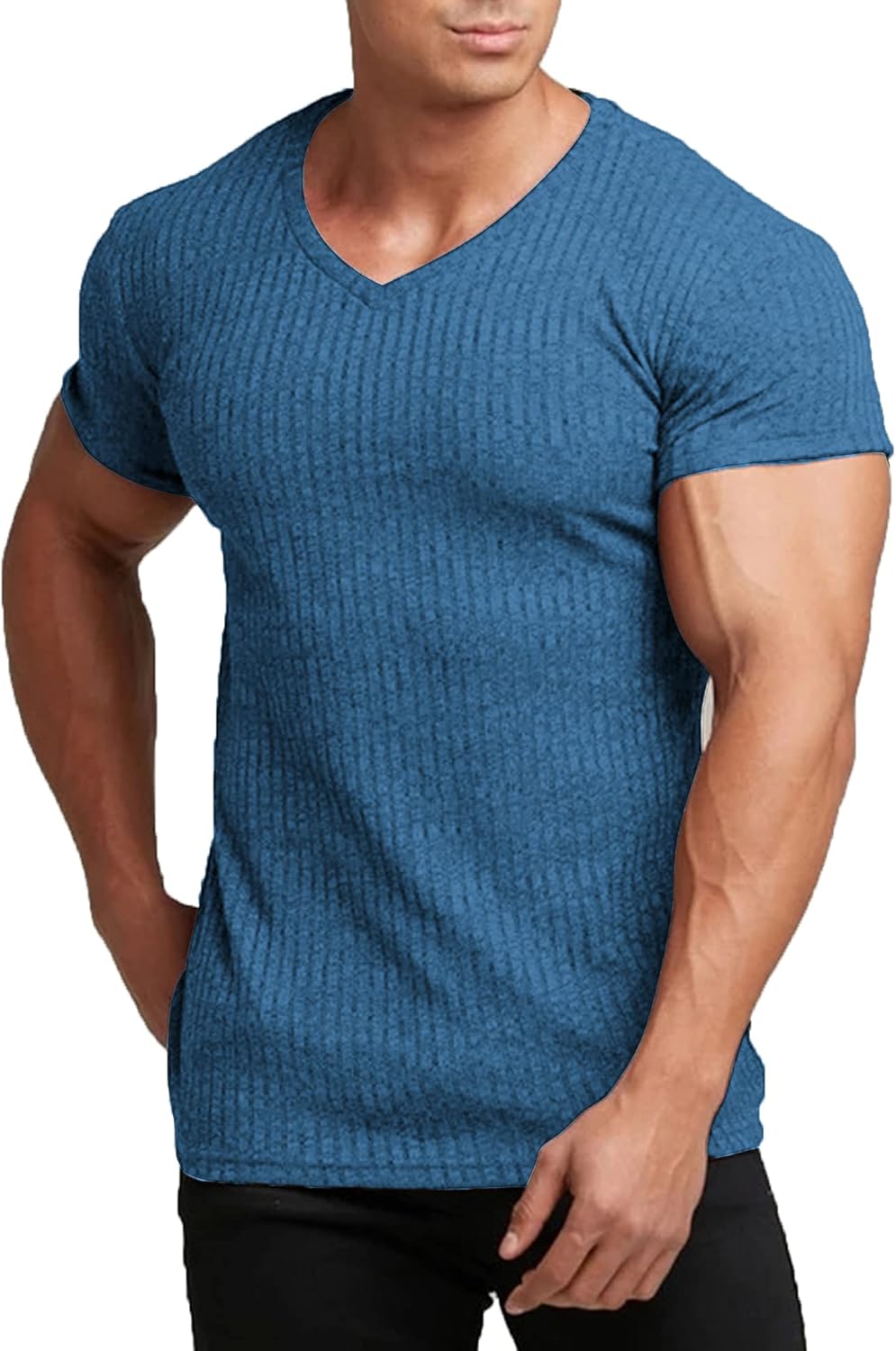 Men'S Muscle T Shirts Stretch Short Sleeve V Neck Bodybuilding Workout Tee Shirts Ribbed Knit Shirt