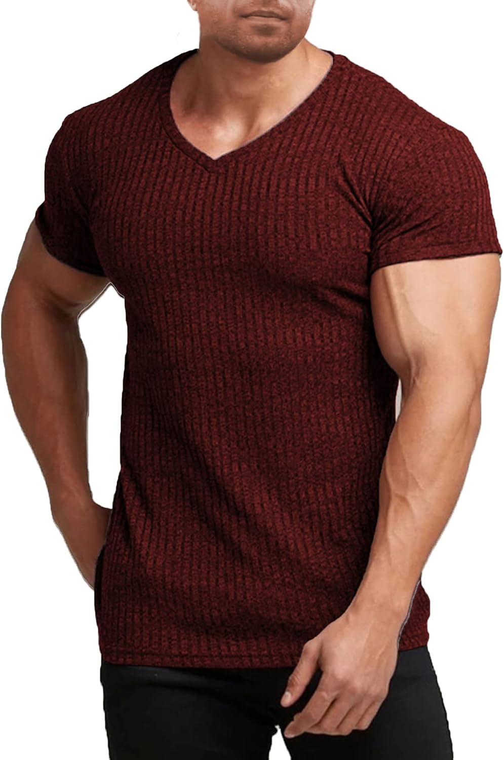 Men'S Muscle T Shirts Stretch Short Sleeve V Neck Bodybuilding Workout Tee Shirts Ribbed Knit Shirt