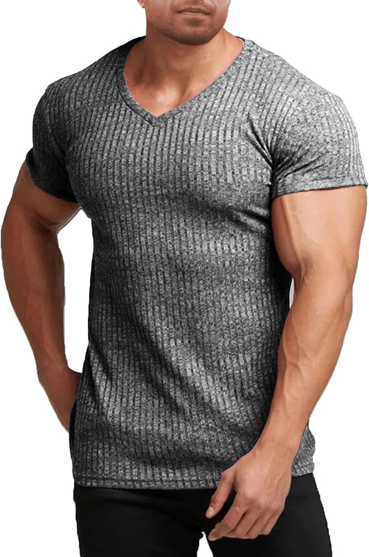 Men'S Muscle T Shirts Stretch Short Sleeve V Neck Bodybuilding Workout Tee Shirts Ribbed Knit Shirt