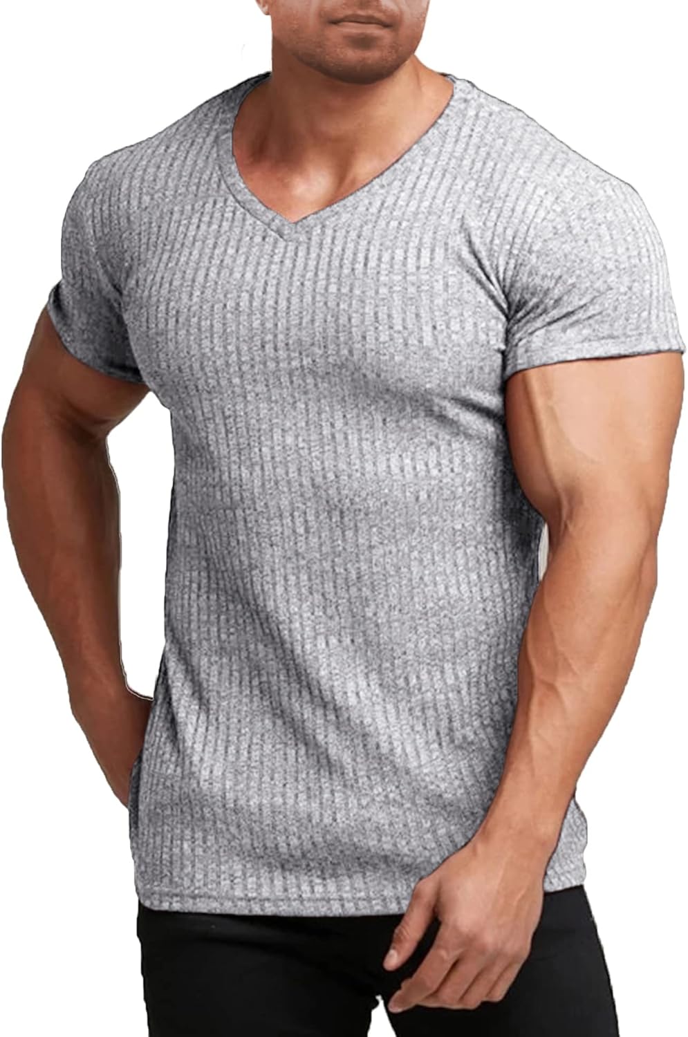 Men'S Muscle T Shirts Stretch Short Sleeve V Neck Bodybuilding Workout Tee Shirts Ribbed Knit Shirt