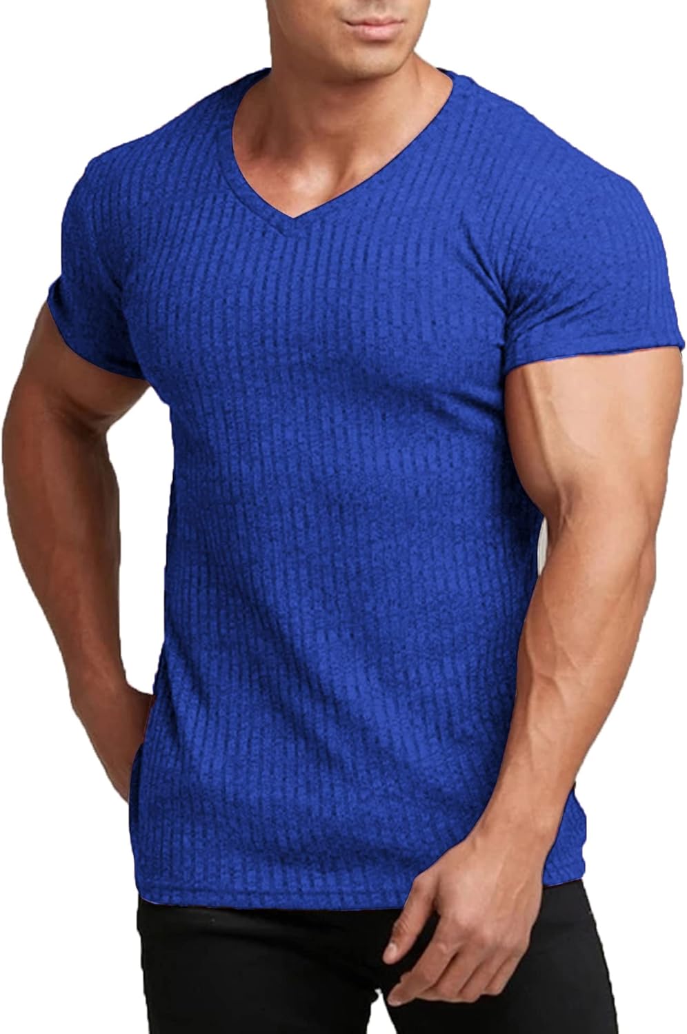 Men'S Muscle T Shirts Stretch Short Sleeve V Neck Bodybuilding Workout Tee Shirts Ribbed Knit Shirt