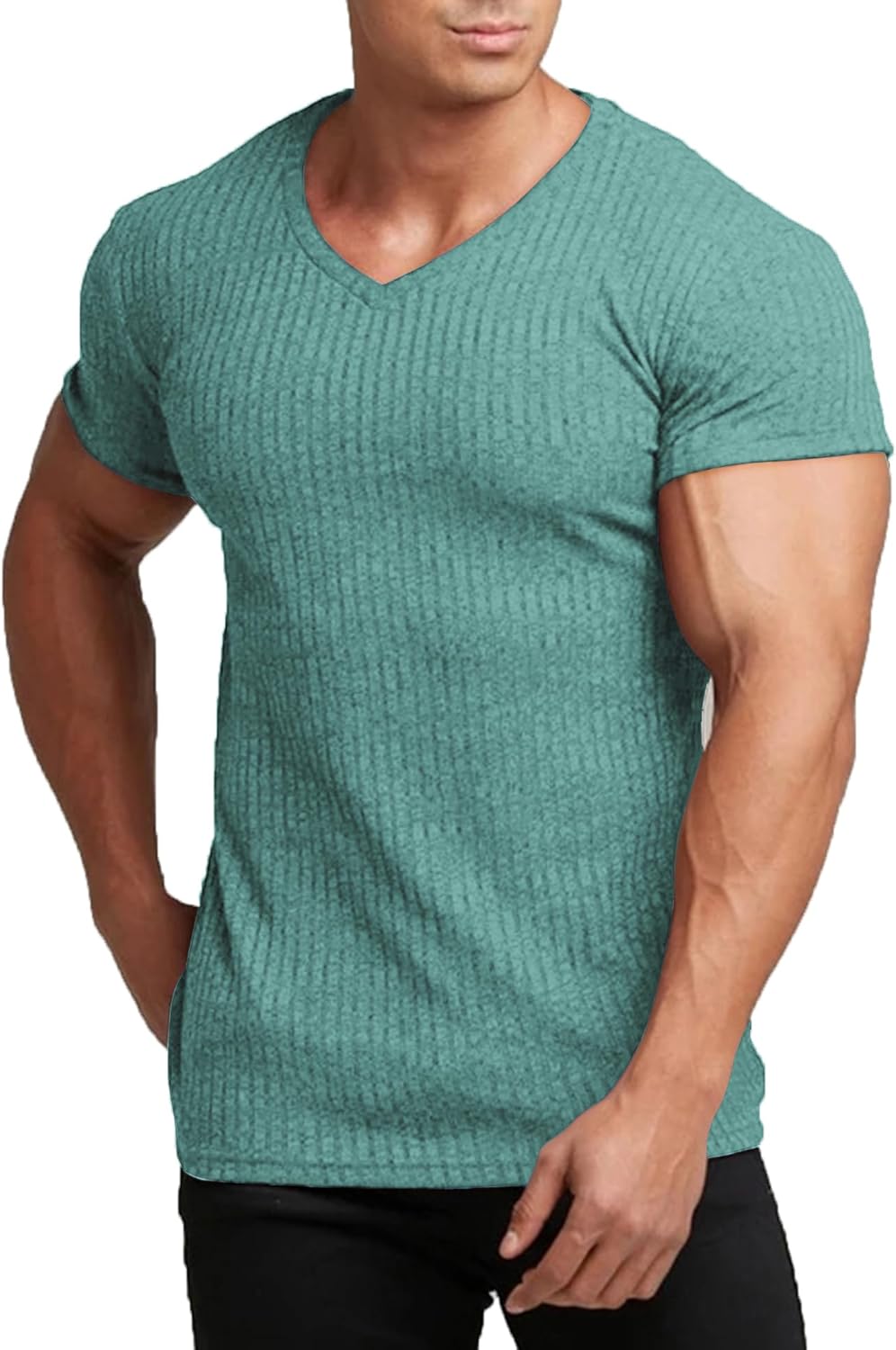 Men'S Muscle T Shirts Stretch Short Sleeve V Neck Bodybuilding Workout Tee Shirts Ribbed Knit Shirt