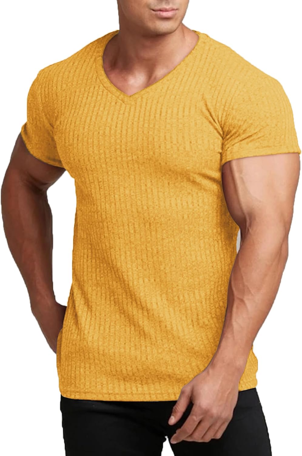 Men'S Muscle T Shirts Stretch Short Sleeve V Neck Bodybuilding Workout Tee Shirts Ribbed Knit Shirt