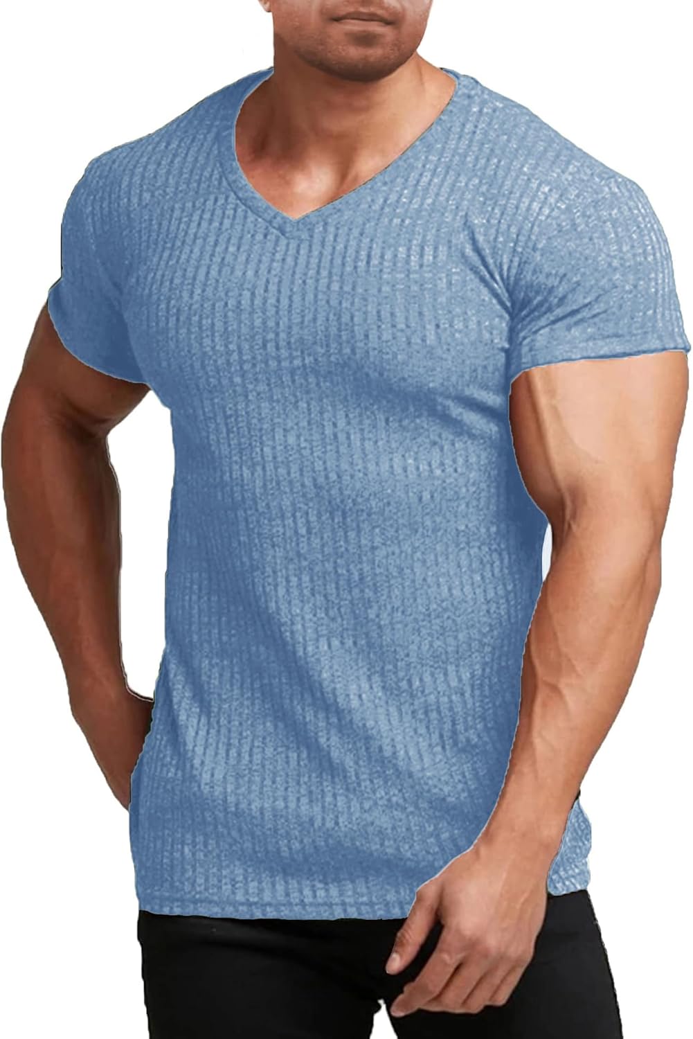 Men'S Muscle T Shirts Stretch Short Sleeve V Neck Bodybuilding Workout Tee Shirts Ribbed Knit Shirt