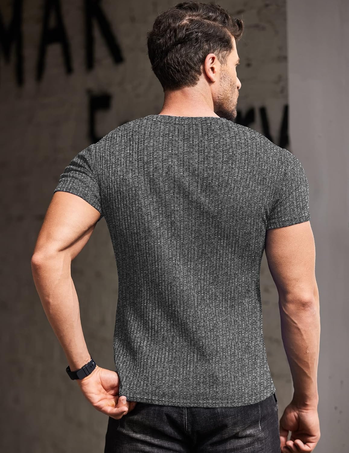 Men'S Muscle T Shirts Stretch Short Sleeve V Neck Bodybuilding Workout Tee Shirts Ribbed Knit Shirt