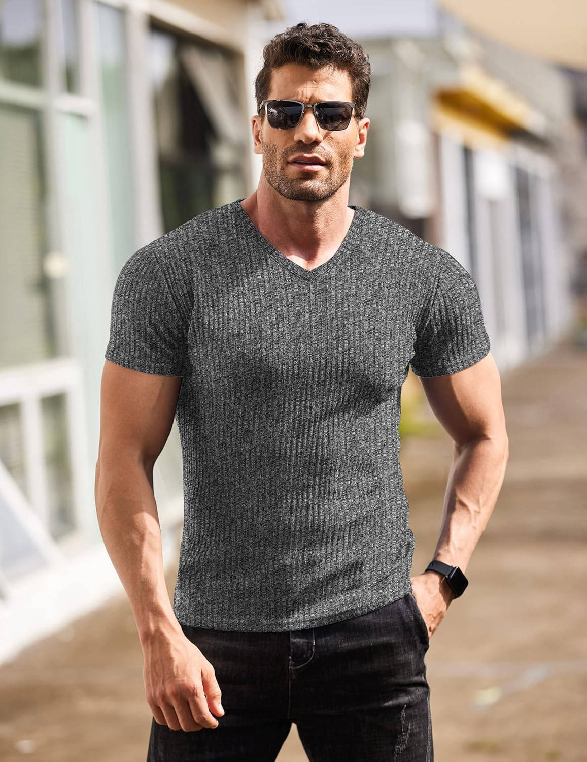 Men'S Muscle T Shirts Stretch Short Sleeve V Neck Bodybuilding Workout Tee Shirts Ribbed Knit Shirt