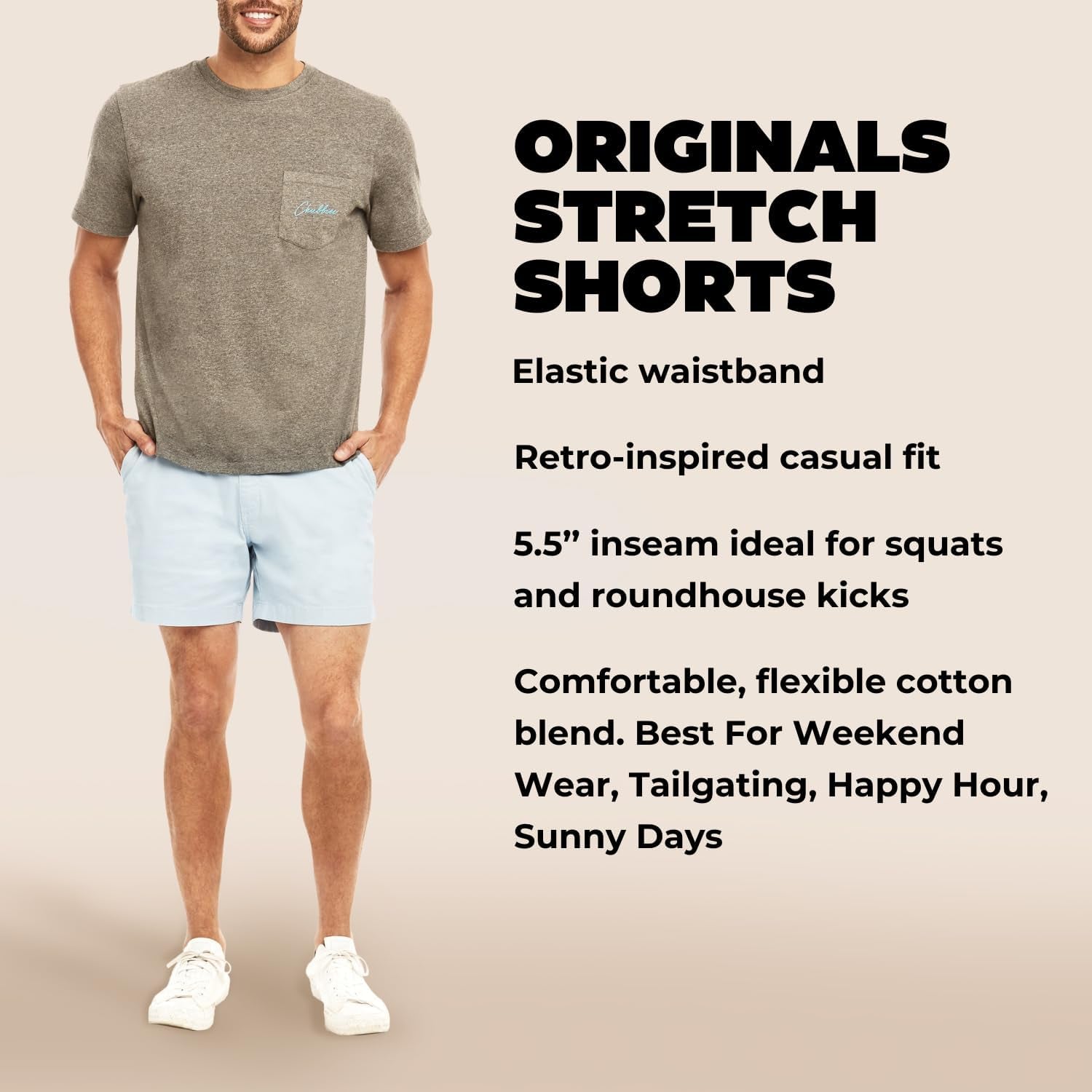 Chino Shorts Men 5.5 Inch Inseam, Mens Shorts with Elastic Waistband, Chambray Pockets, Stretch Polyester & Cotton