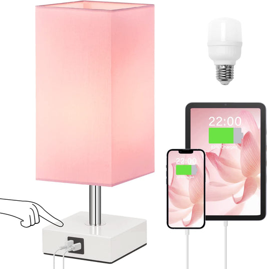 Touch Control Table Lamp with 2 USB Charging Ports, 3 Way Touch Lamps beside Desk, Nightstand Lamp for Bedrooms Living Room, Pink Shade with White Base, LED Bulb Included(Pink)